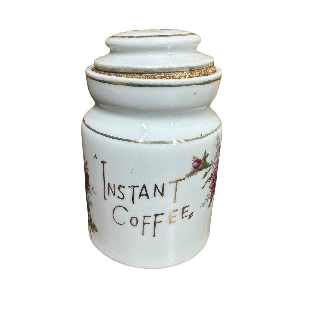 Vtg Porcelain Moss Rose Instant Coffee Canister Jar w/ Lid Japan Gold Accent 6"